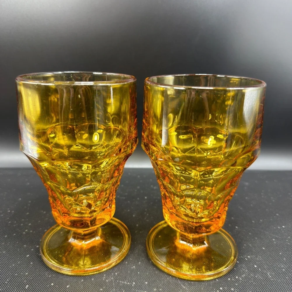 Anchor Hocking Georgian Amber Glass Goblets Thumbprint Whitehall Footed Set of 2